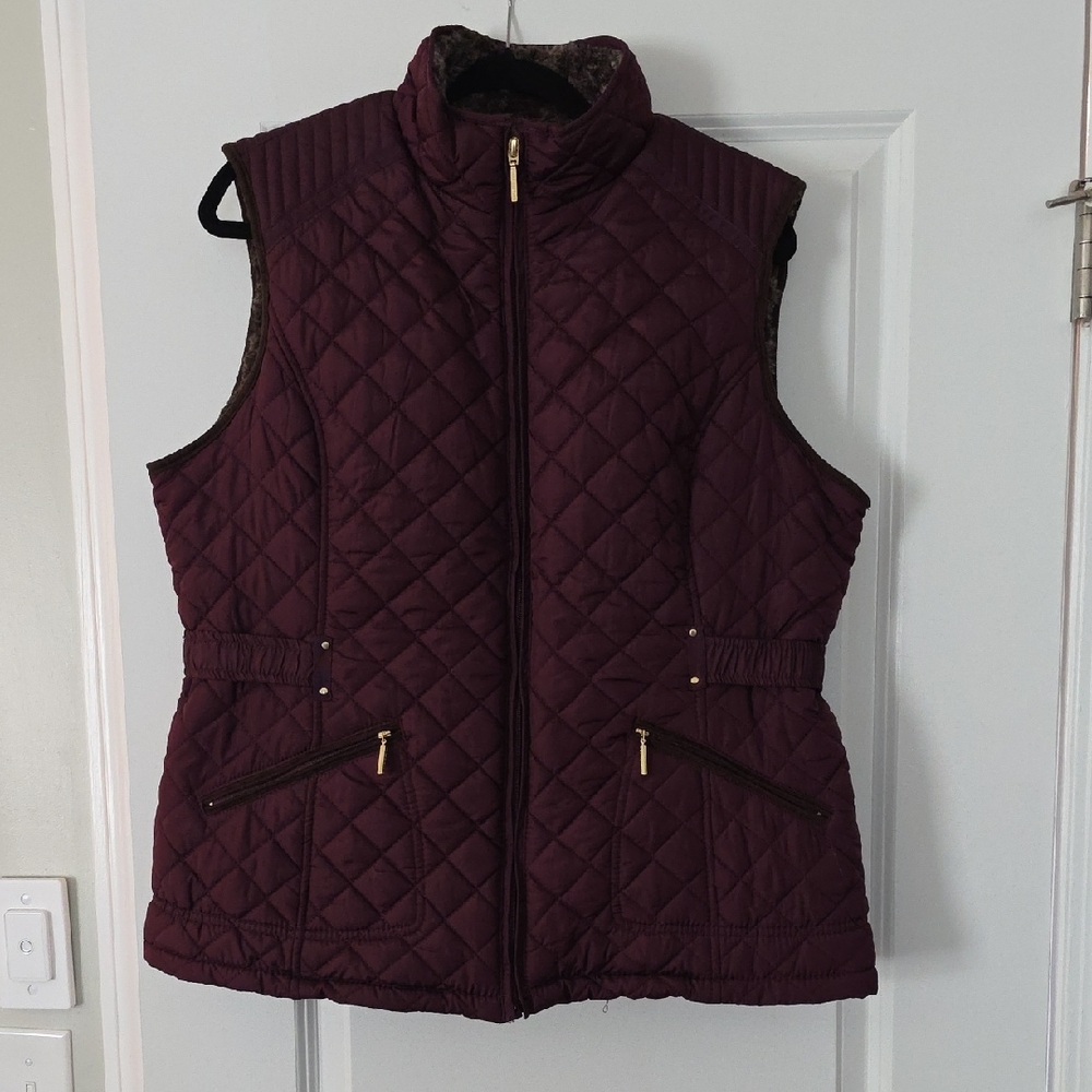Weatherproof Quilted Burgundy Women's Vest with Gold Zippers